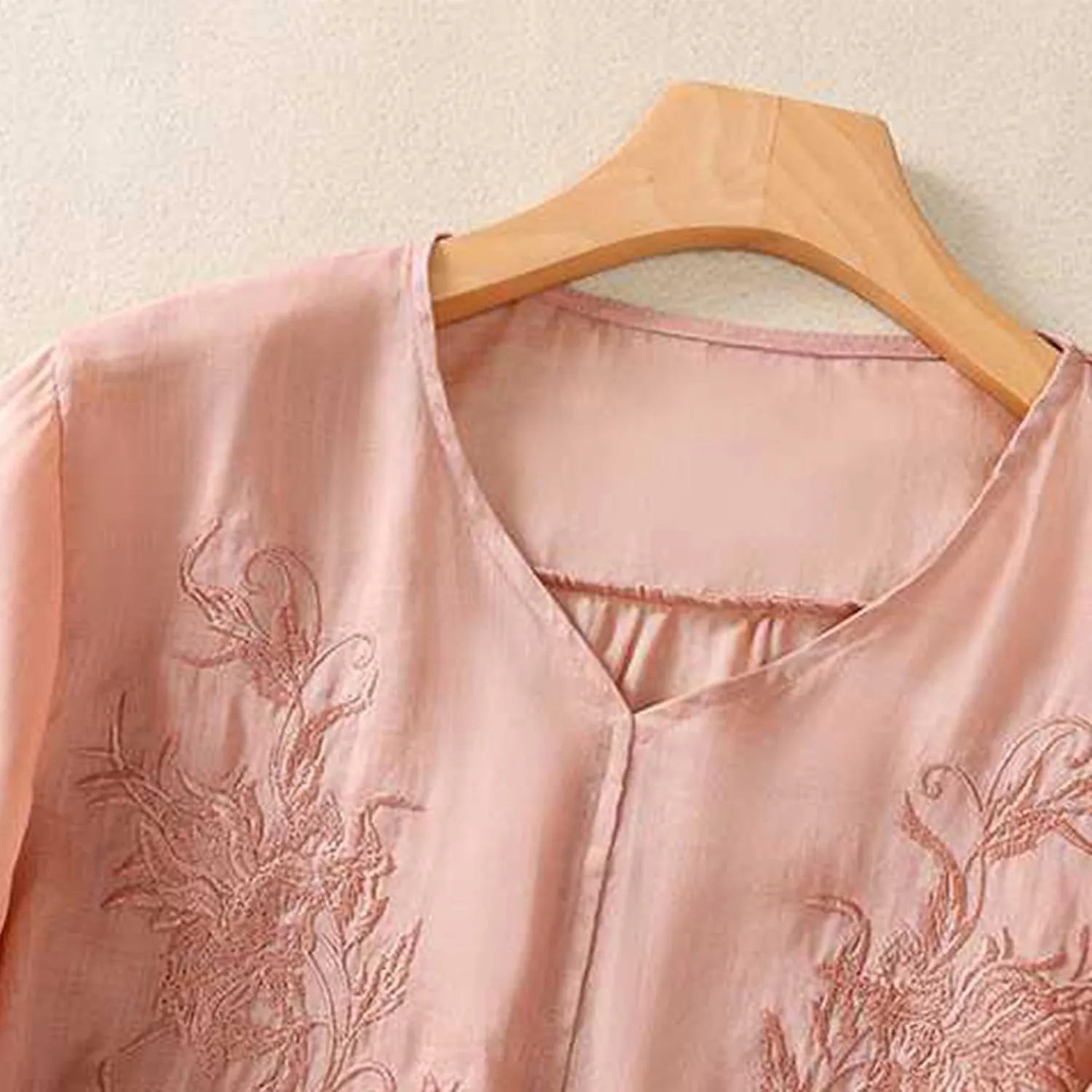 2025 Cotton Linen Shirts for Women Embroidery Jacquard V Neck Blouses Tunics Vintage Boho 3/4 Sleeve Tops Tees