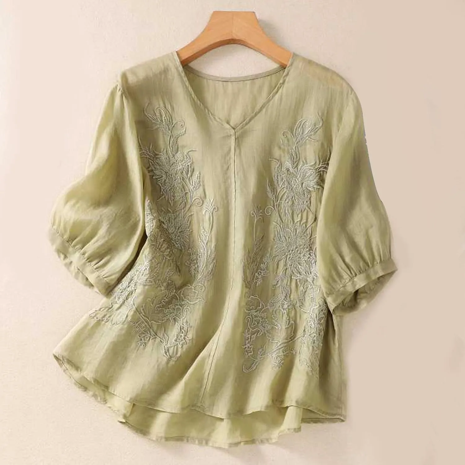 2025 Cotton Linen Shirts for Women Embroidery Jacquard V Neck Blouses Tunics Vintage Boho 3/4 Sleeve Tops Tees