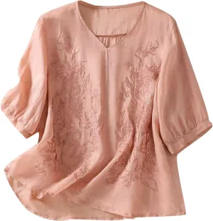 2025 Cotton Linen Shirts for Women Embroidery Jacquard V Neck Blouses Tunics Vintage Boho 3/4 Sleeve Tops Tees