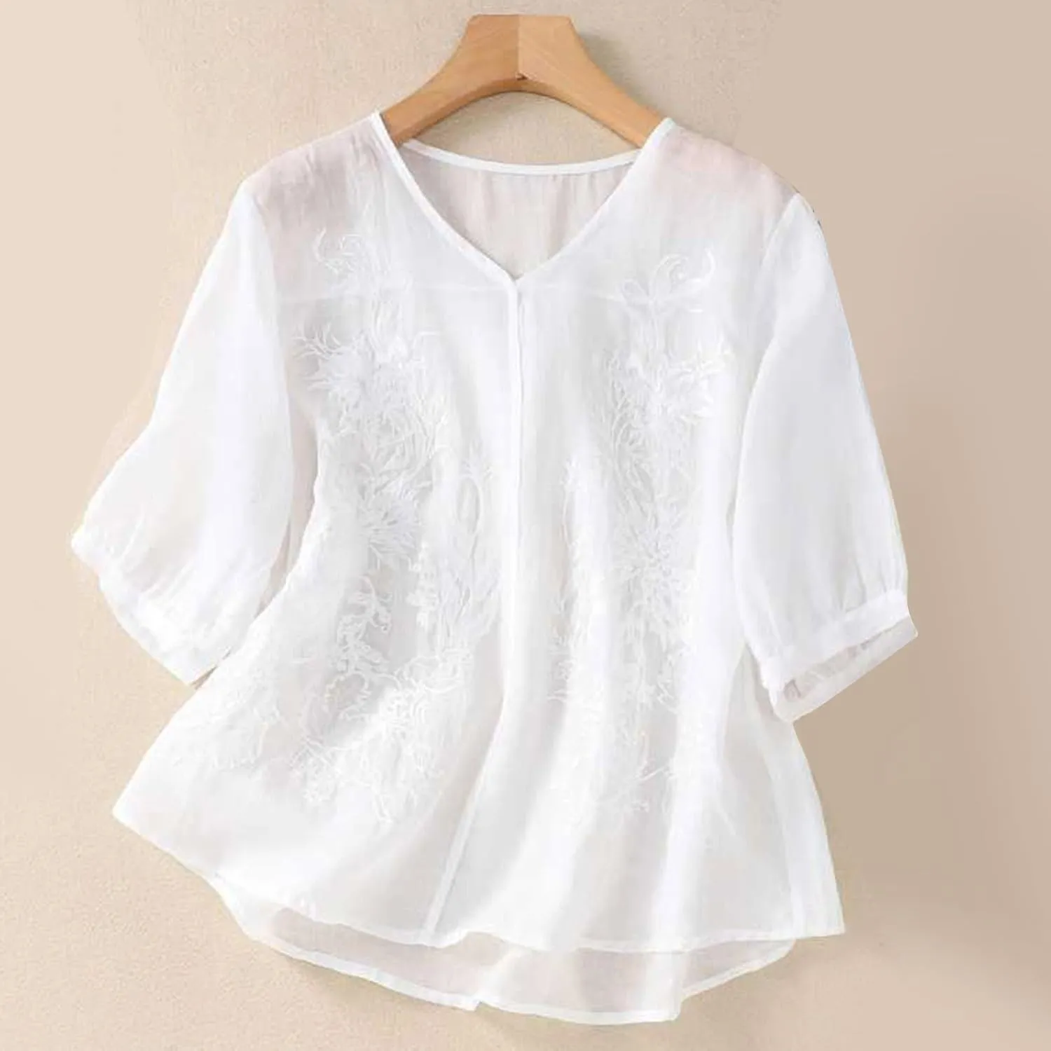 2025 Cotton Linen Shirts for Women Embroidery Jacquard V Neck Blouses Tunics Vintage Boho 3/4 Sleeve Tops Tees
