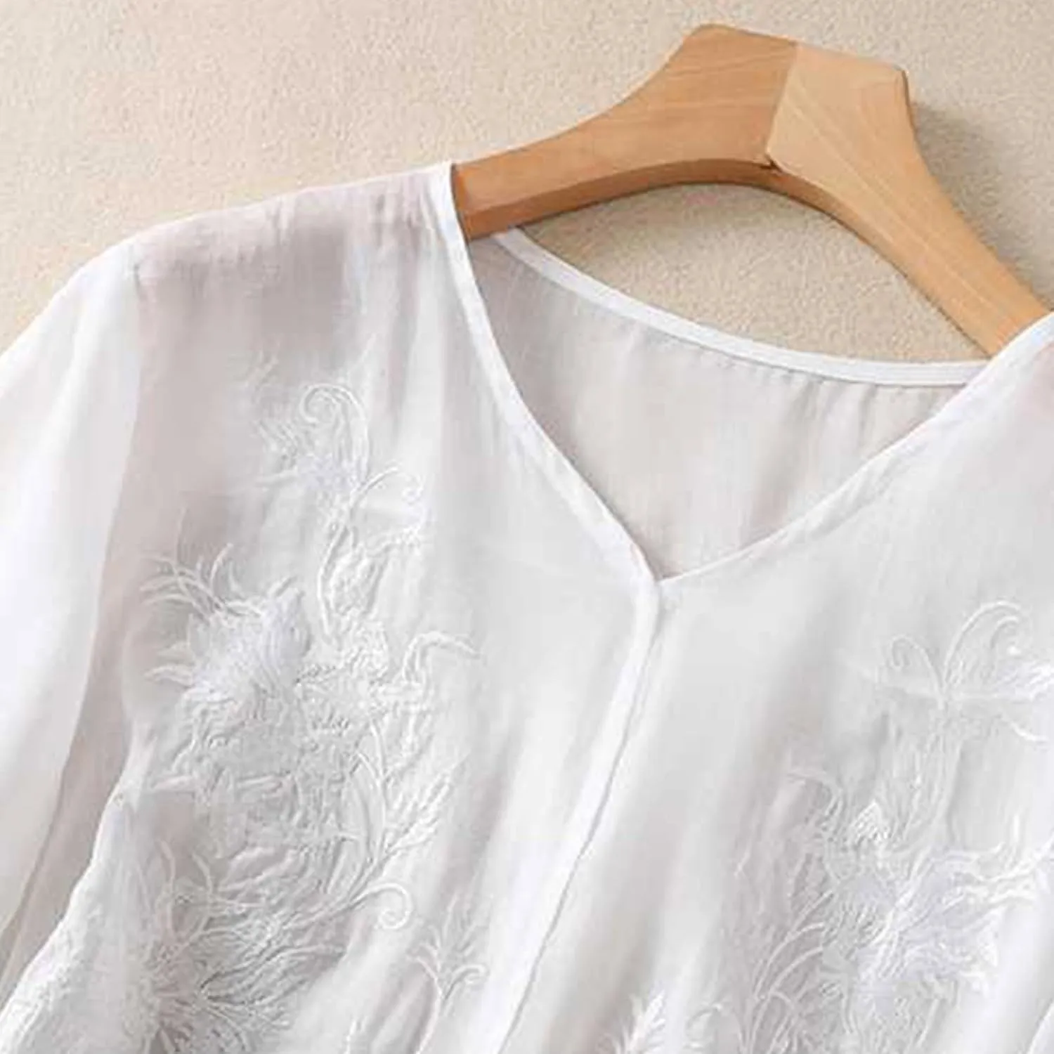2025 Cotton Linen Shirts for Women Embroidery Jacquard V Neck Blouses Tunics Vintage Boho 3/4 Sleeve Tops Tees