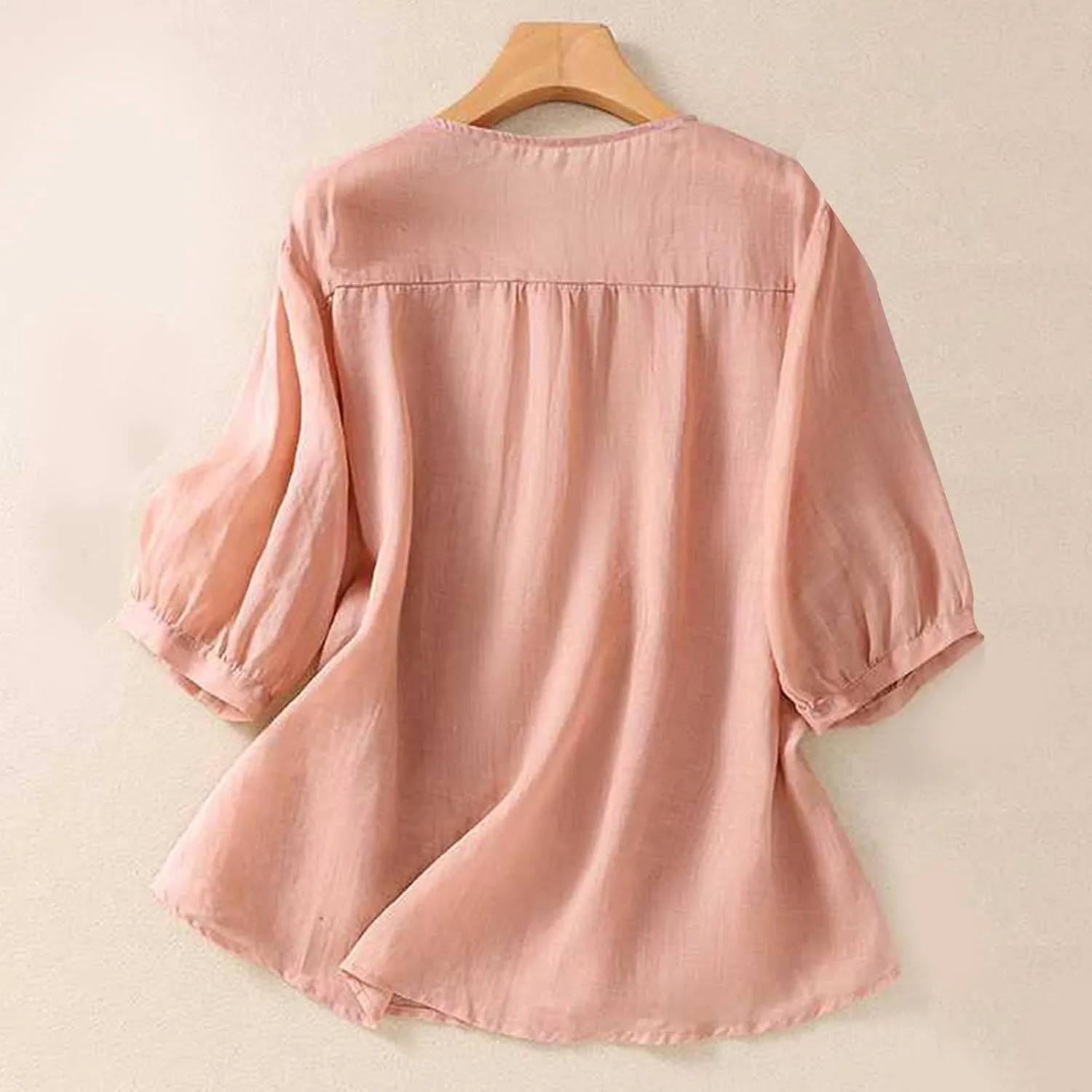 2025 Cotton Linen Shirts for Women Embroidery Jacquard V Neck Blouses Tunics Vintage Boho 3/4 Sleeve Tops Tees