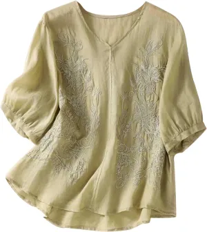 2025 Cotton Linen Shirts for Women Embroidery Jacquard V Neck Blouses Tunics Vintage Boho 3/4 Sleeve Tops Tees