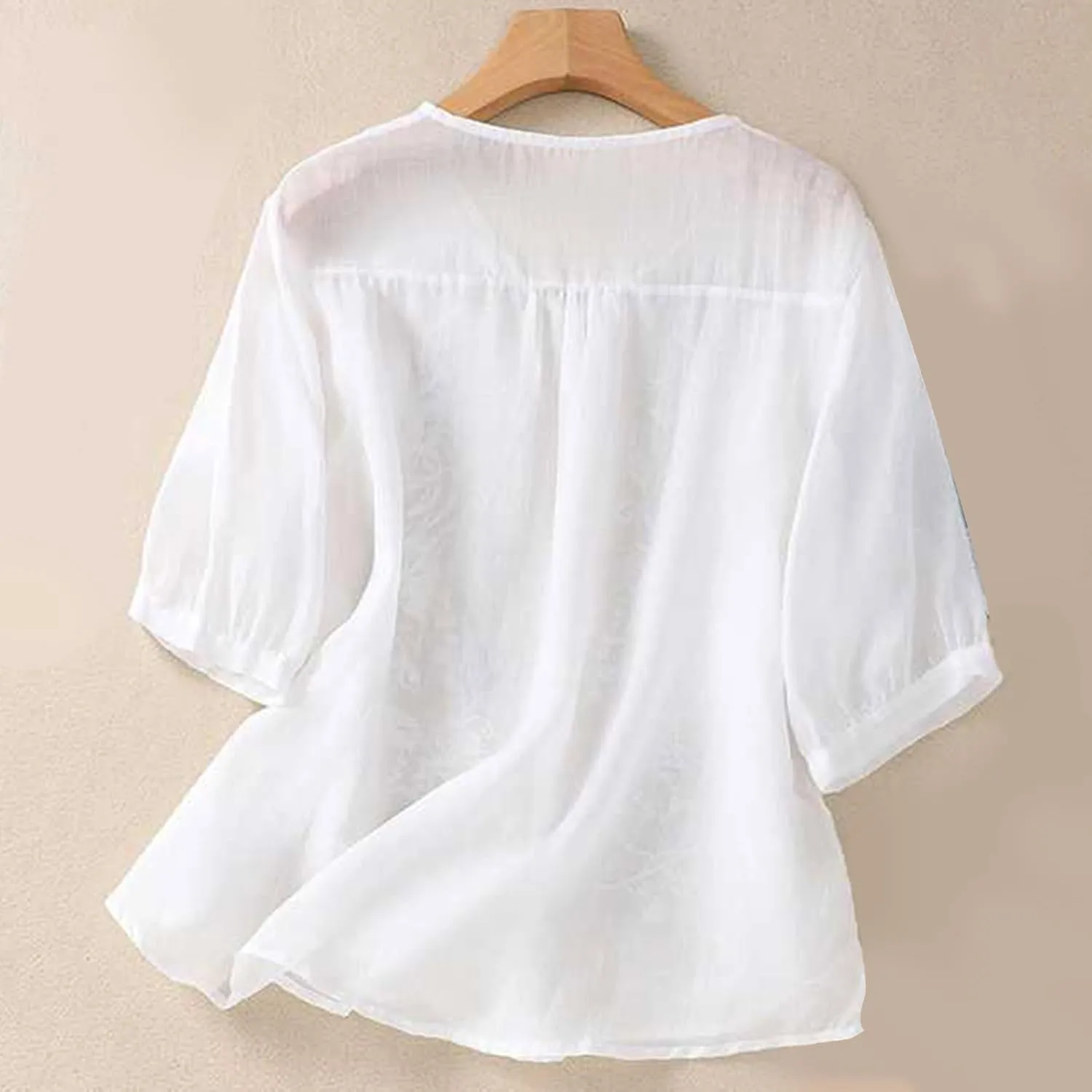 2025 Cotton Linen Shirts for Women Embroidery Jacquard V Neck Blouses Tunics Vintage Boho 3/4 Sleeve Tops Tees