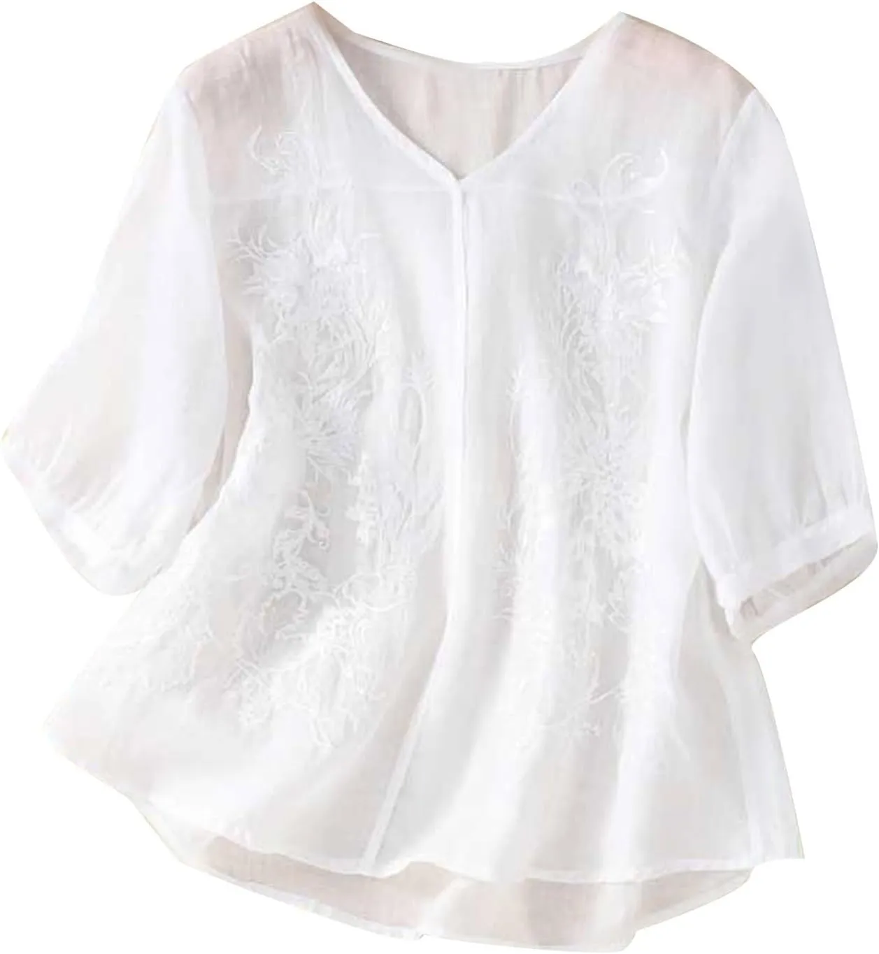 2025 Cotton Linen Shirts for Women Embroidery Jacquard V Neck Blouses Tunics Vintage Boho 3/4 Sleeve Tops Tees