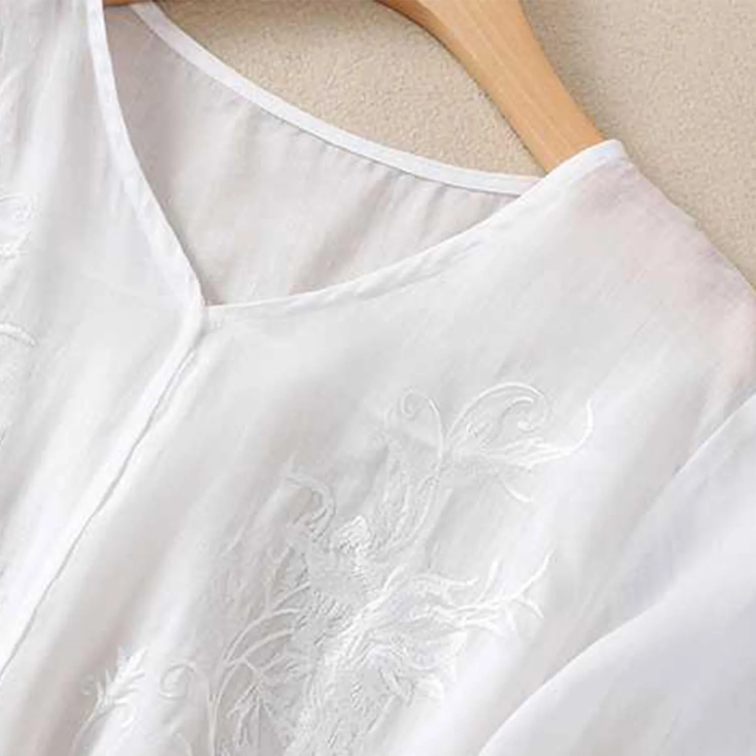 2025 Cotton Linen Shirts for Women Embroidery Jacquard V Neck Blouses Tunics Vintage Boho 3/4 Sleeve Tops Tees