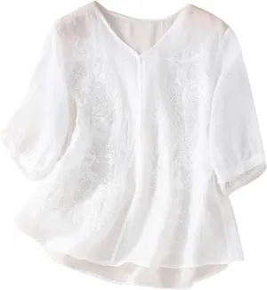 2025 Cotton Linen Shirts for Women Embroidery Jacquard V Neck Blouses Tunics Vintage Boho 3/4 Sleeve Tops Tees
