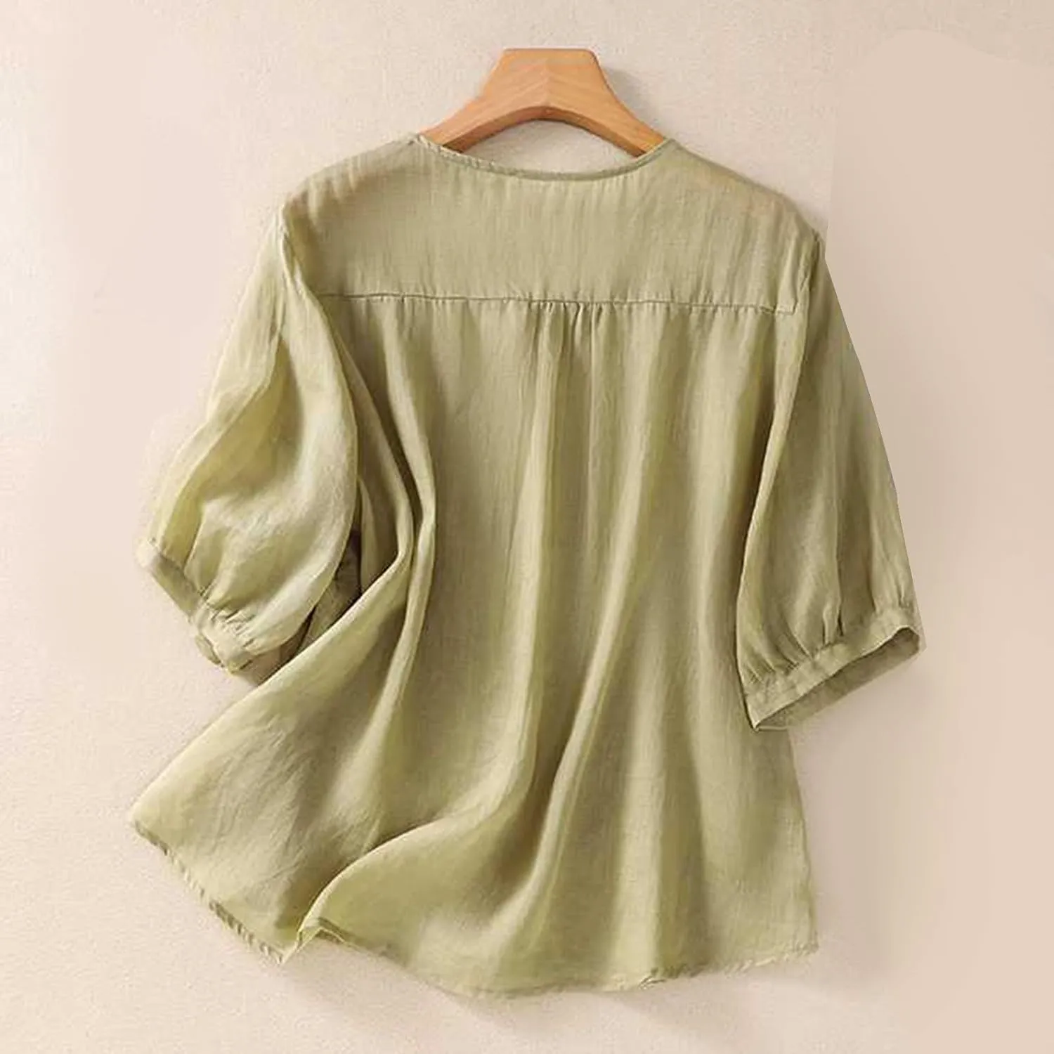 2025 Cotton Linen Shirts for Women Embroidery Jacquard V Neck Blouses Tunics Vintage Boho 3/4 Sleeve Tops Tees