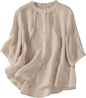 2025 Summer Boho Top Cotton Linen Button Long Sleeve Shirt Women Vintage Blouse Tees Loose Casual Peasant Tunics Tops