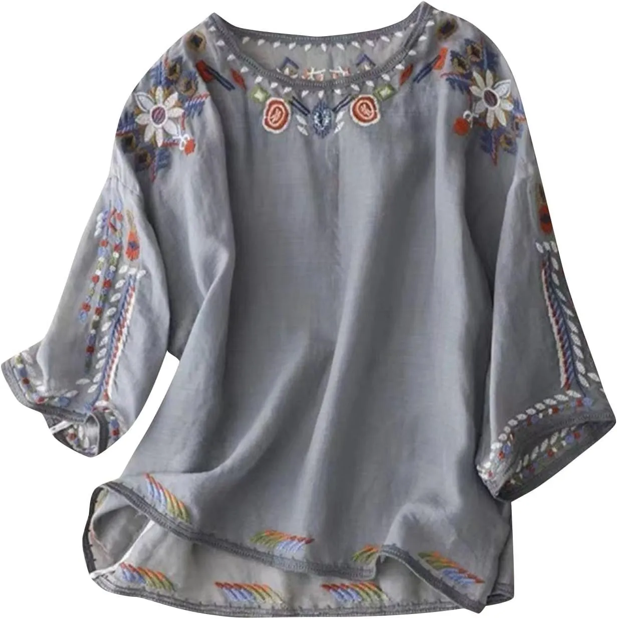 2025 Summer Mexican Embroidered Cotton Linen Tops Women Boho Peasant Tees 3/4 Sleeve Tunic Blouse Loose Vintage Shirt