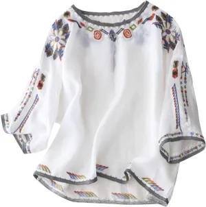 2025 Summer Mexican Embroidered Cotton Linen Tops Women Boho Peasant Tees 3/4 Sleeve Tunic Blouse Loose Vintage Shirt