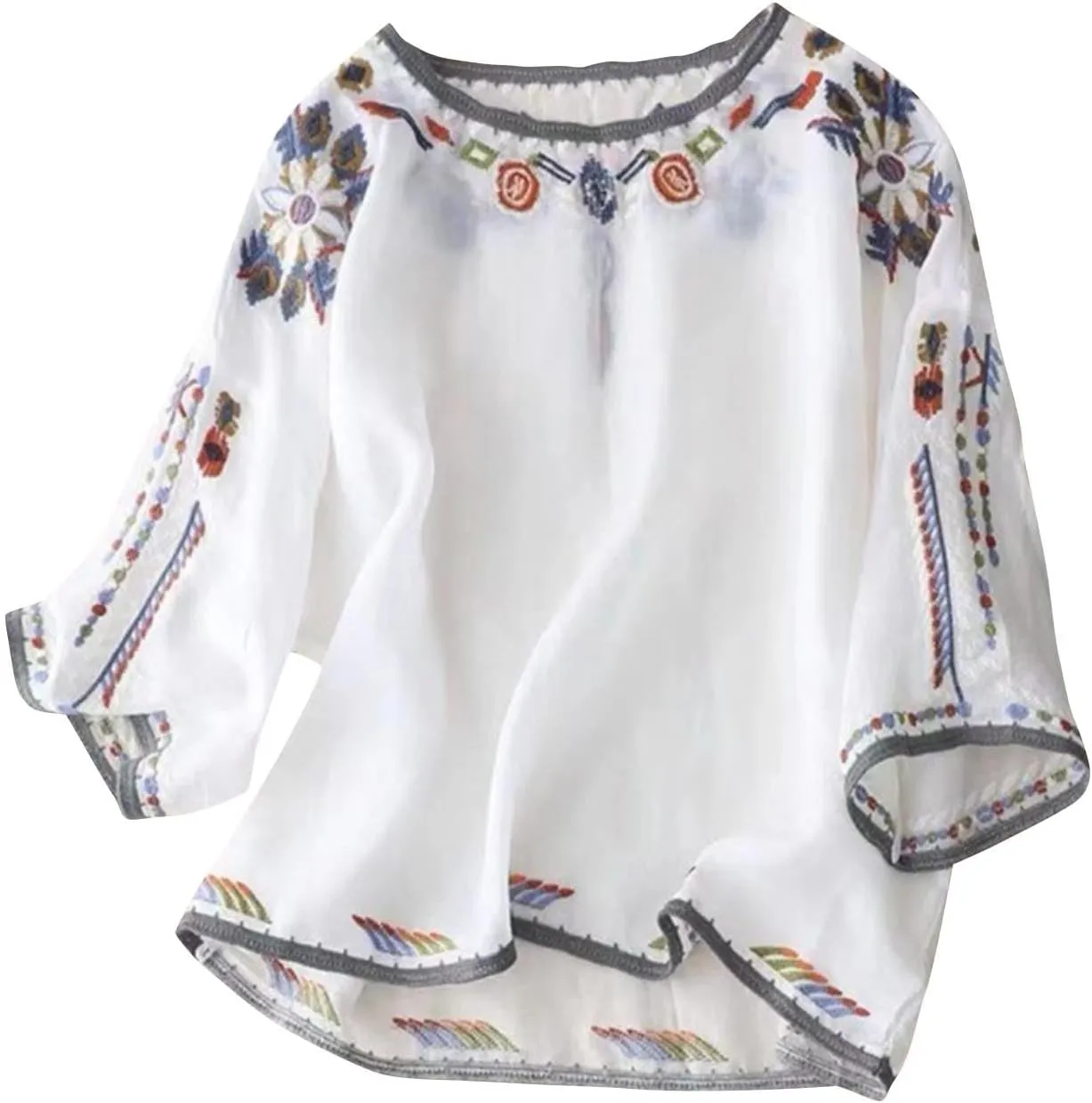 2025 Summer Mexican Embroidered Cotton Linen Tops Women Boho Peasant Tees 3/4 Sleeve Tunic Blouse Loose Vintage Shirt