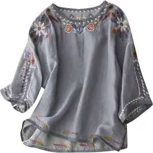 2025 Summer Mexican Embroidered Cotton Linen Tops Women Boho Peasant Tees 3/4 Sleeve Tunic Blouse Loose Vintage Shirt