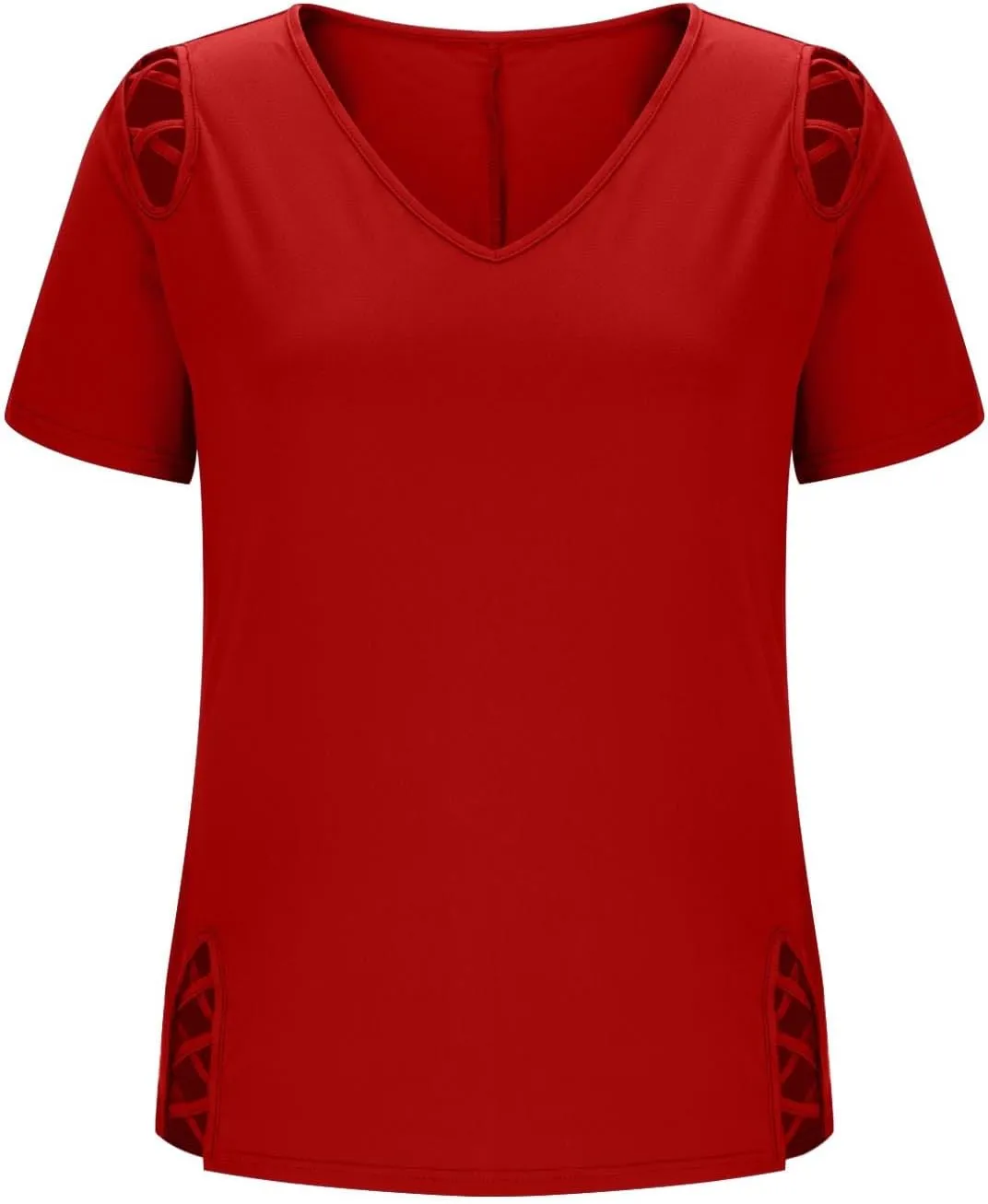 2025 Summer Women's Cold Shoulder Tops Short Sleeve Criss Cross Tees Blouse Casual Solid Color V Neck T Shirt Top