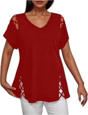 2025 Summer Women's Cold Shoulder Tops Short Sleeve Criss Cross Tees Blouse Casual Solid Color V Neck T Shirt Top