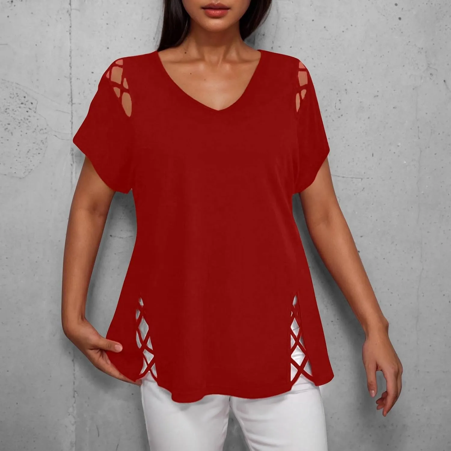 2025 Summer Women's Cold Shoulder Tops Short Sleeve Criss Cross Tees Blouse Casual Solid Color V Neck T Shirt Top