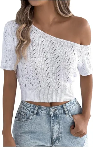 2025 Women Off One Shoulder Sweater Tops Summer Short Sleeve Casual Loose Knit Tees Blouse Trendy Going Out Tops