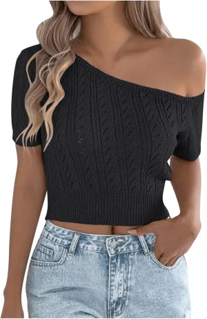 2025 Women Off One Shoulder Sweater Tops Summer Short Sleeve Casual Loose Knit Tees Blouse Trendy Going Out Tops