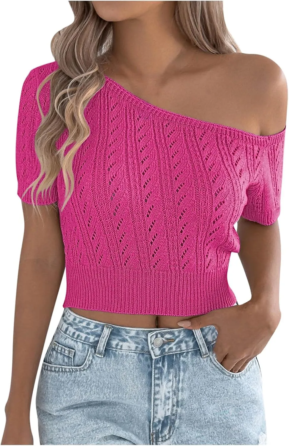 2025 Women Off One Shoulder Sweater Tops Summer Short Sleeve Casual Loose Knit Tees Blouse Trendy Going Out Tops