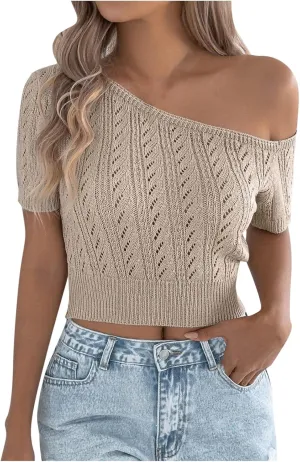 2025 Women Off One Shoulder Sweater Tops Summer Short Sleeve Casual Loose Knit Tees Blouse Trendy Going Out Tops