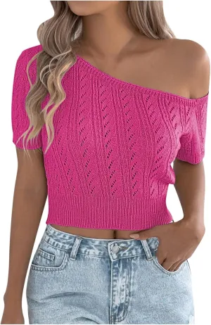 2025 Women Off One Shoulder Sweater Tops Summer Short Sleeve Casual Loose Knit Tees Blouse Trendy Going Out Tops