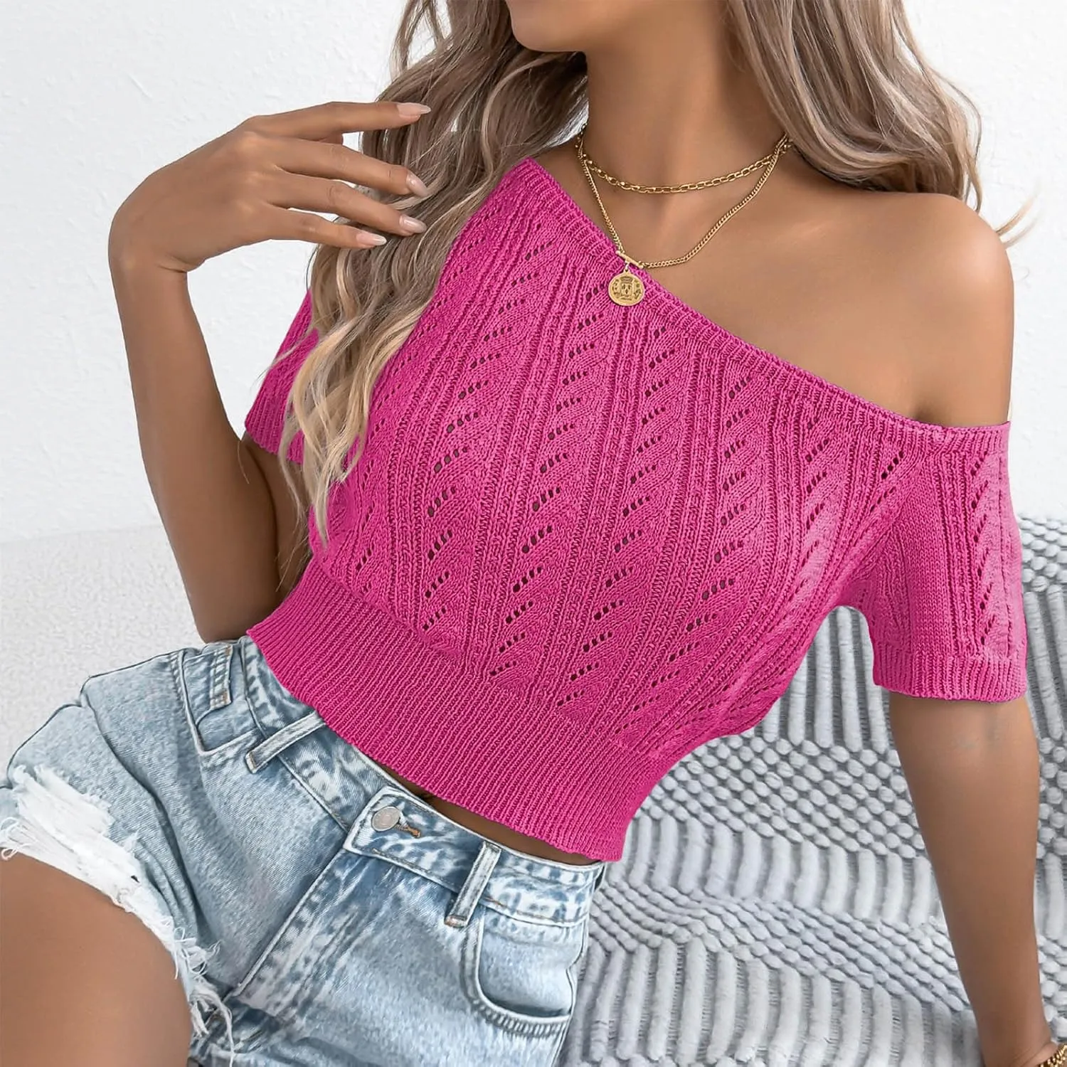 2025 Women Off One Shoulder Sweater Tops Summer Short Sleeve Casual Loose Knit Tees Blouse Trendy Going Out Tops