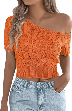 2025 Women Off One Shoulder Sweater Tops Summer Short Sleeve Casual Loose Knit Tees Blouse Trendy Going Out Tops