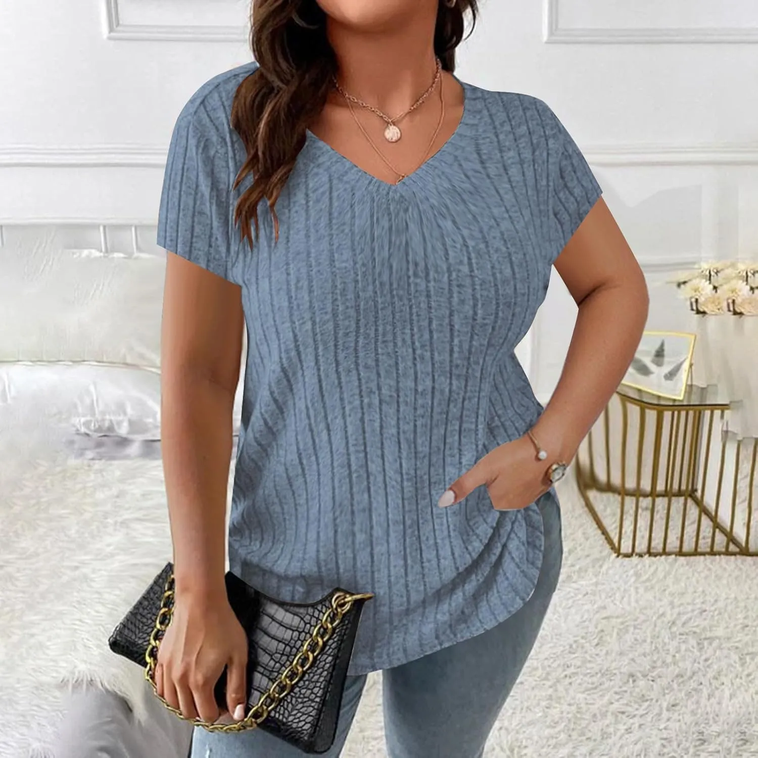 2025 Women's Plus Size Ribbed Tops Casual Trendy V Neck Solid Color Shirts Lightweight Short Sleeve Blouses Tees