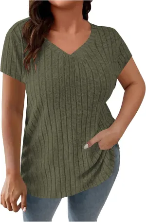 2025 Women's Plus Size Ribbed Tops Casual Trendy V Neck Solid Color Shirts Lightweight Short Sleeve Blouses Tees