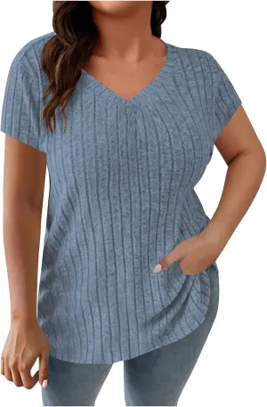 2025 Women's Plus Size Ribbed Tops Casual Trendy V Neck Solid Color Shirts Lightweight Short Sleeve Blouses Tees