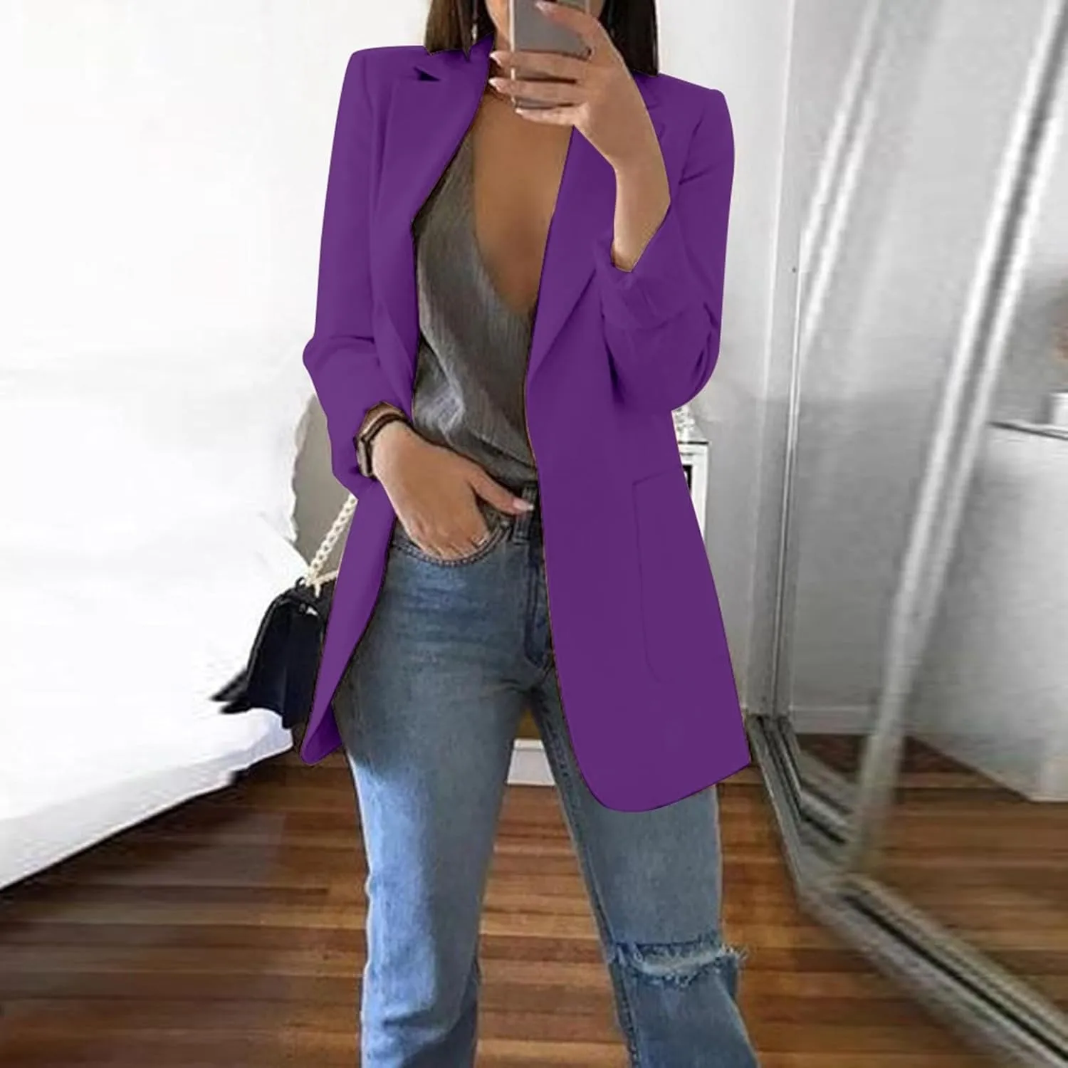 Blazers for Women 2024 Winter Open Front Long Sleeve Work Jackets Coat Business Casual Lapel Suit Jacket with Pocket