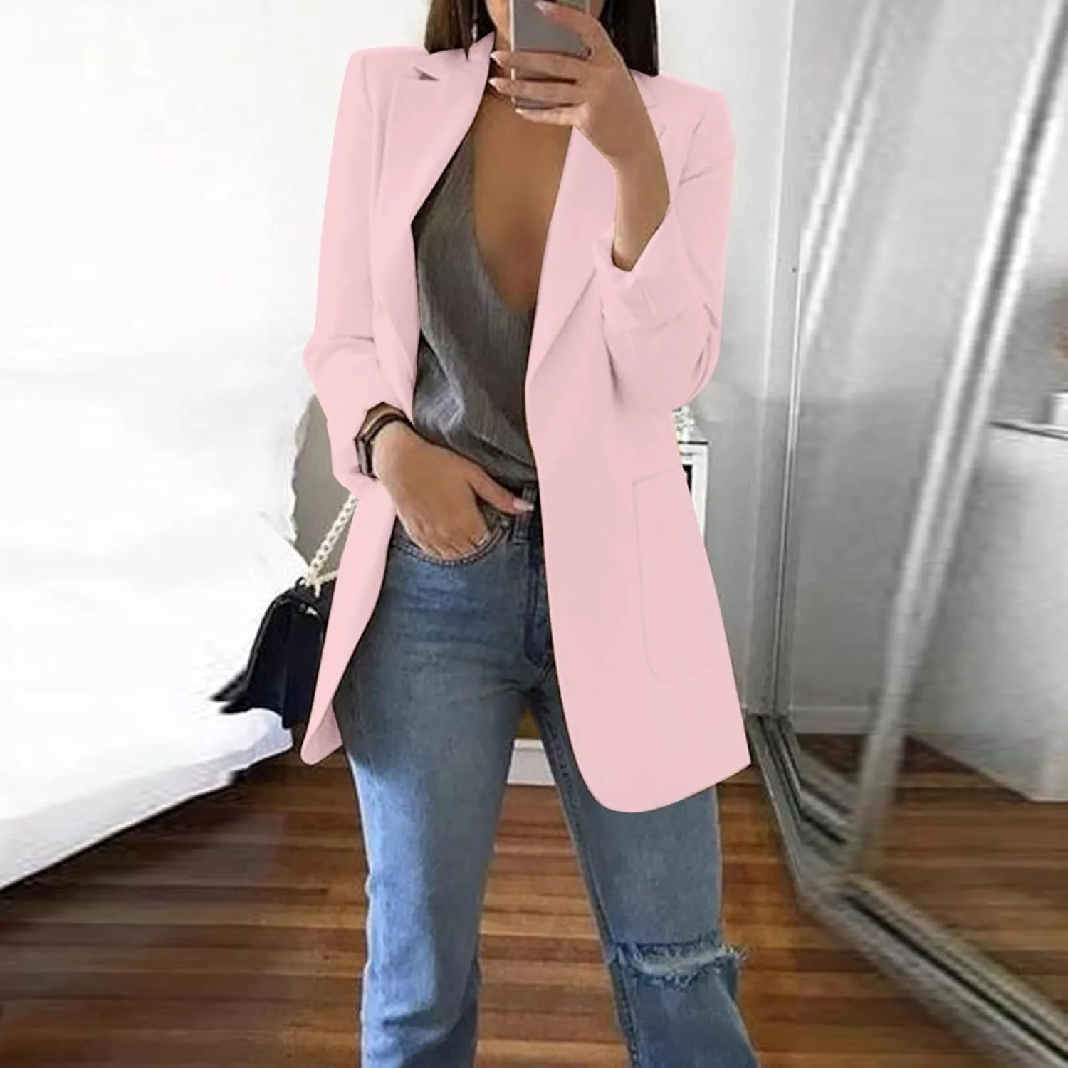 Blazers for Women 2024 Winter Open Front Long Sleeve Work Jackets Coat Business Casual Lapel Suit Jacket with Pocket