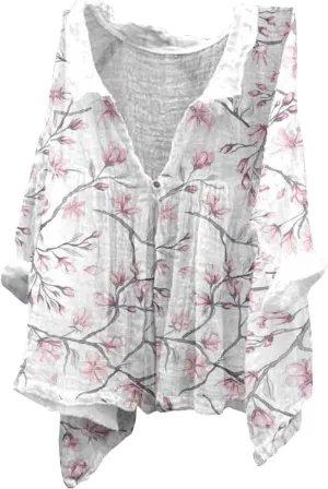 Boho Blouses for Women Plus Size Linen 3/4 Sleeve Button Up V-Neck Boxy Tops Summer Loose Casual Vacation Beach Shirts Tops