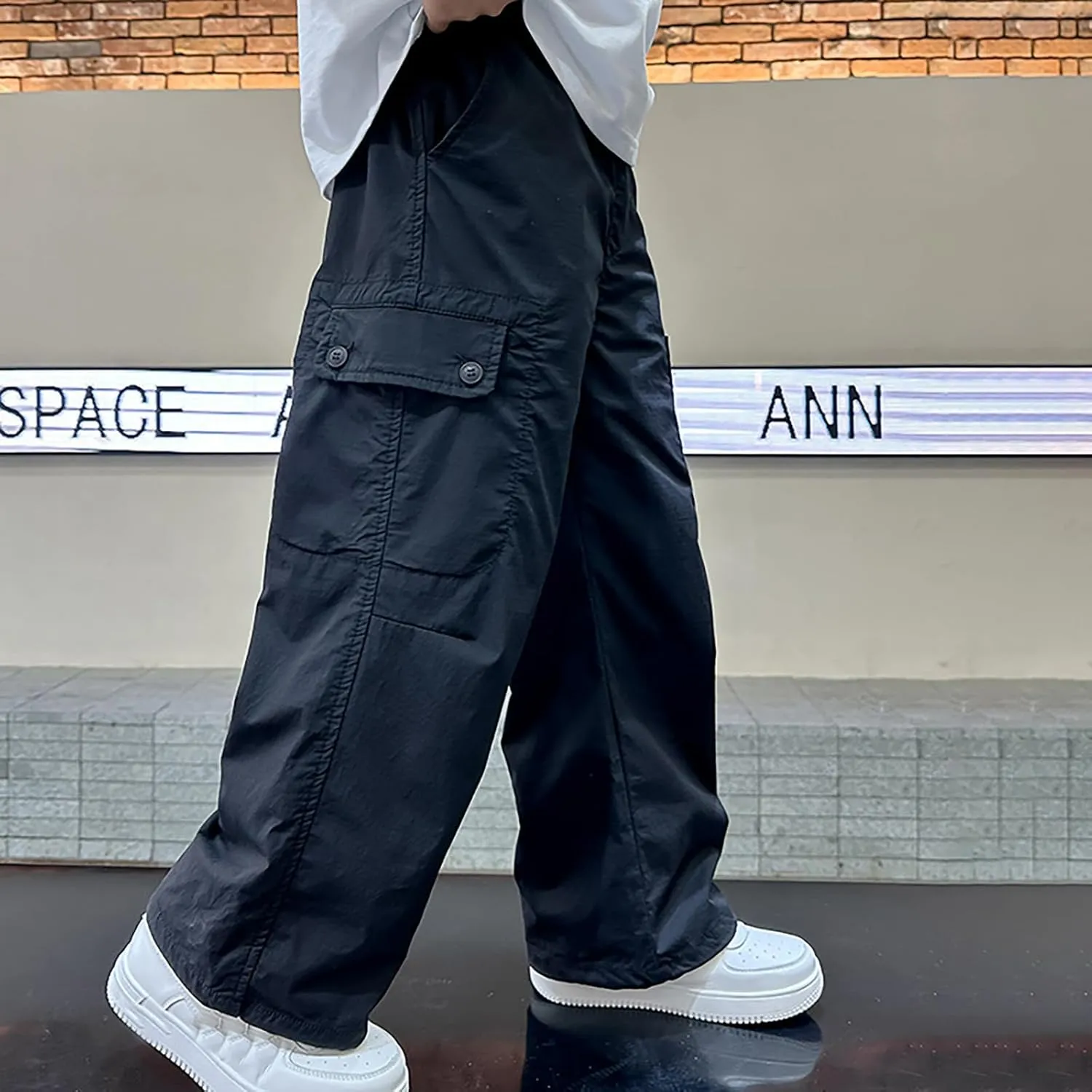 Boy's Elastic Waist Pleated Front Baggy Cargo Pants Casual Loose Fit Straight Leg Pants Y2k Aesthetic Trousers Pockets