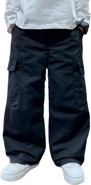 Boy's Elastic Waist Pleated Front Baggy Cargo Pants Casual Loose Fit Straight Leg Pants Y2k Aesthetic Trousers Pockets