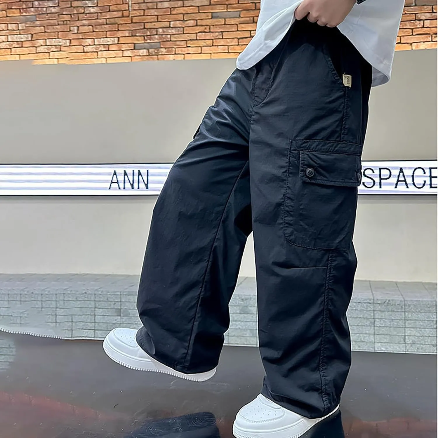 Boy's Elastic Waist Pleated Front Baggy Cargo Pants Casual Loose Fit Straight Leg Pants Y2k Aesthetic Trousers Pockets