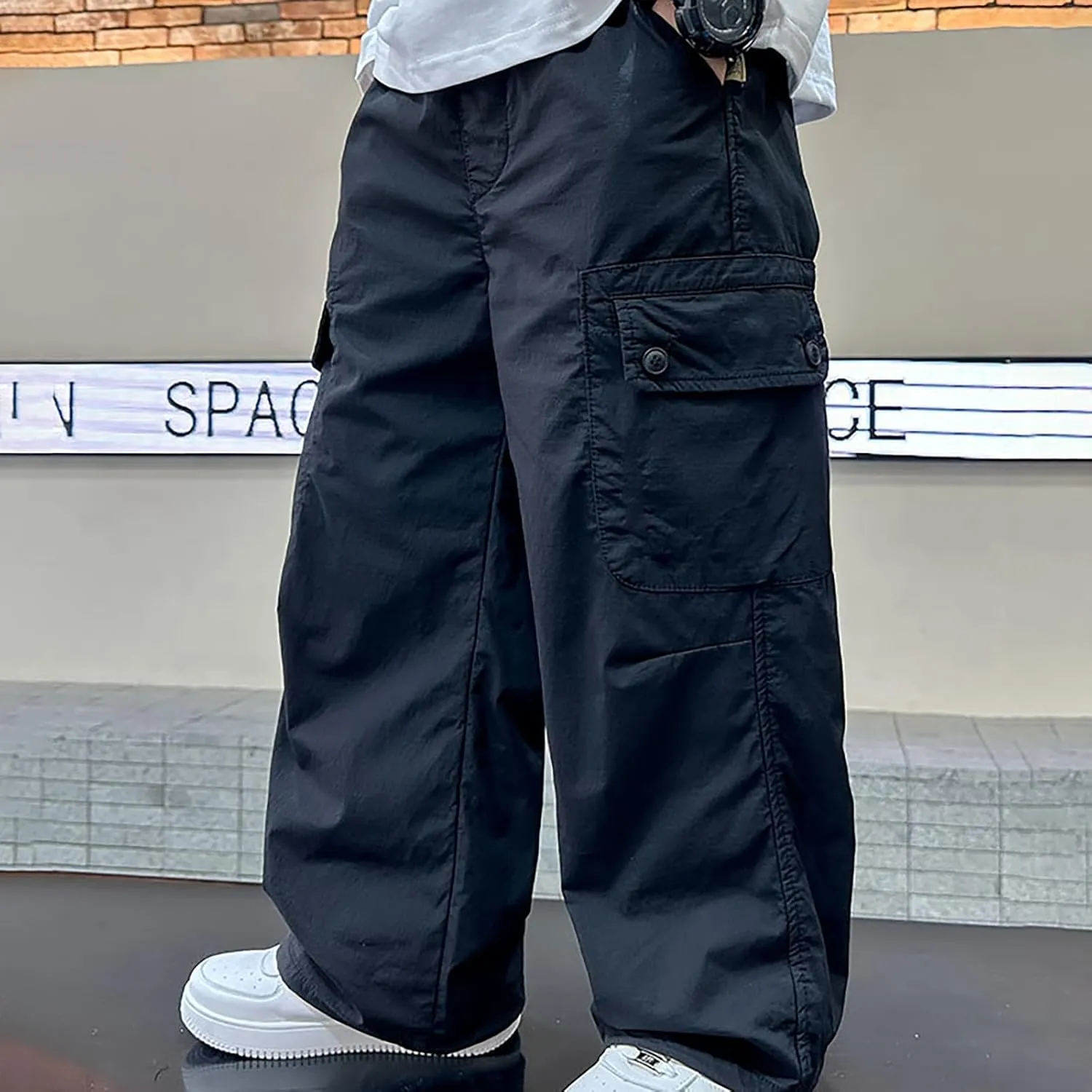 Boy's Elastic Waist Pleated Front Baggy Cargo Pants Casual Loose Fit Straight Leg Pants Y2k Aesthetic Trousers Pockets