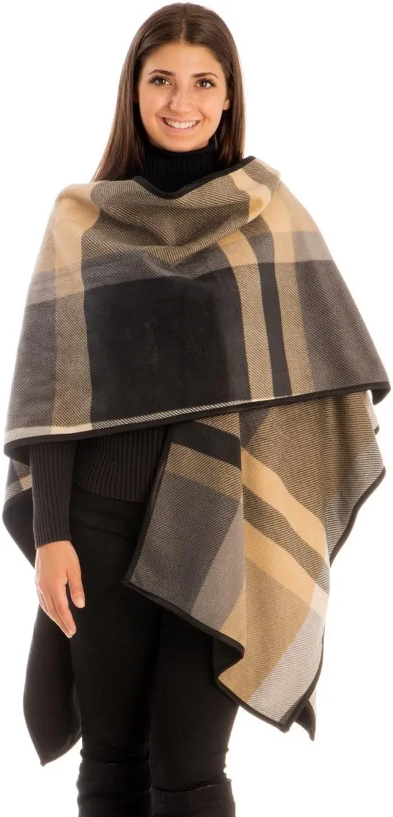 BYOS Women’s Winter Stylish Oversized Solid Plaid Fleece Poncho Blanket Wrap Cape