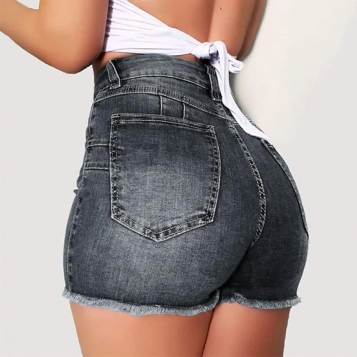 Canbebig Jean Shorts Womens High Waisted Stretchy Denim Shorts Distressed Frayed Raw Hem Jeans Casual Summer Shorts Pockets