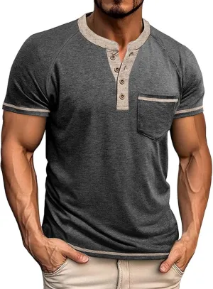 Casual Henley Shirts for Men Classic Button Up Cotton Short Sleeve T-Shirt Summer Basic Solid Lightweight Tees Tops