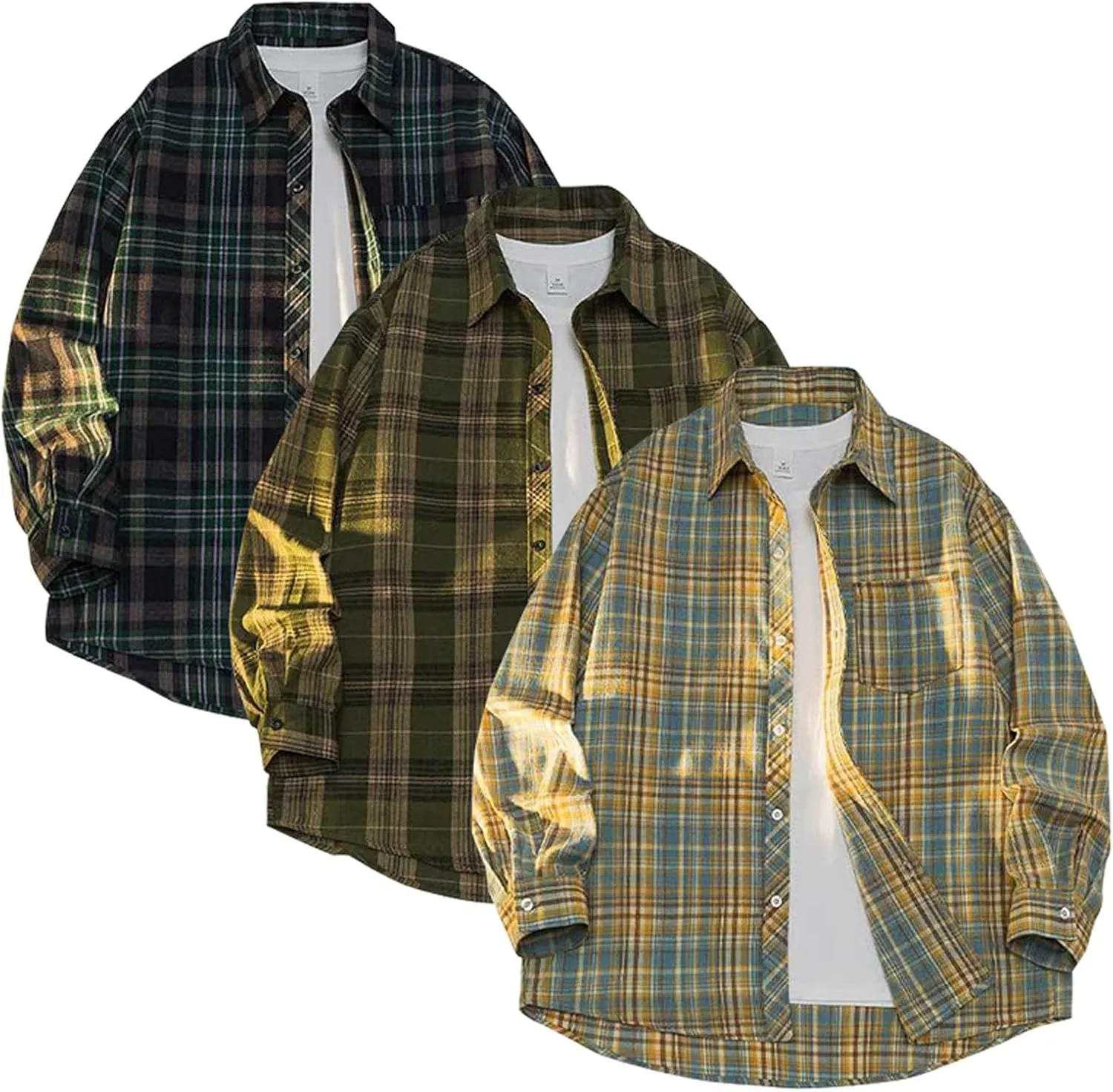 Casual Plaid Shirt for Men 100% Cotton Shirt Classic Soft Long Sleeve Button Sown Dress T Shirts Gym Work Tops
