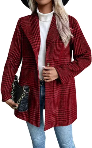 chouyatou Women's Vintage Plaid Blazer Wool Coat Elegant Shawl Collar Wool Blend Trench Pea Coat