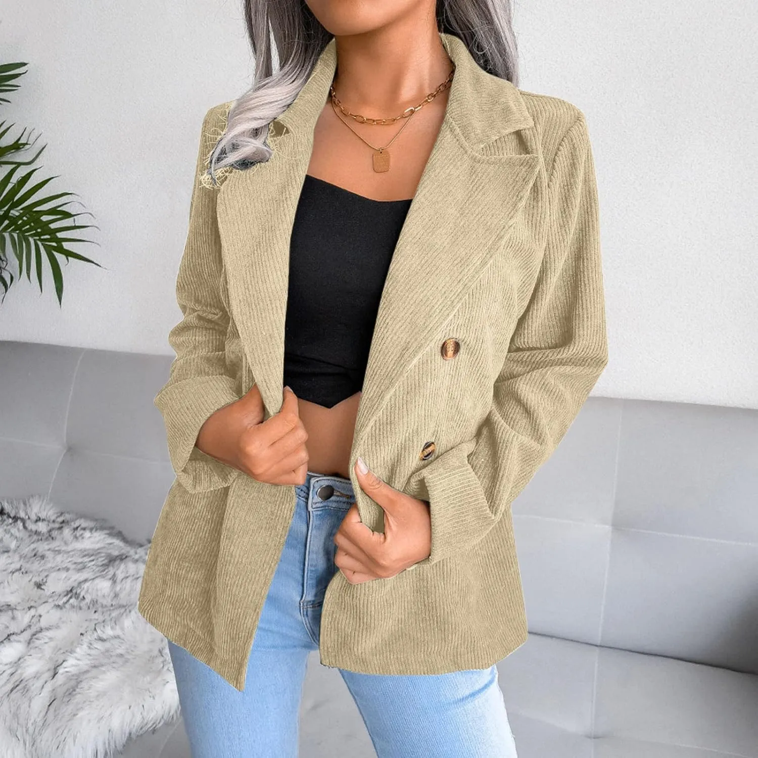 Collarless Blazer Jackets for Women Causal Womens Jackets Long Sleeve Wool Novelty Blazers Loose Oversized Jackets