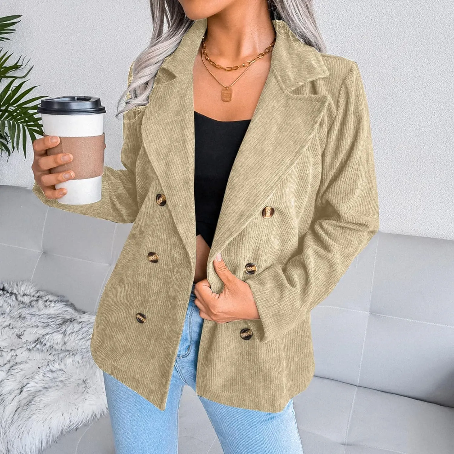Collarless Blazer Jackets for Women Causal Womens Jackets Long Sleeve Wool Novelty Blazers Loose Oversized Jackets