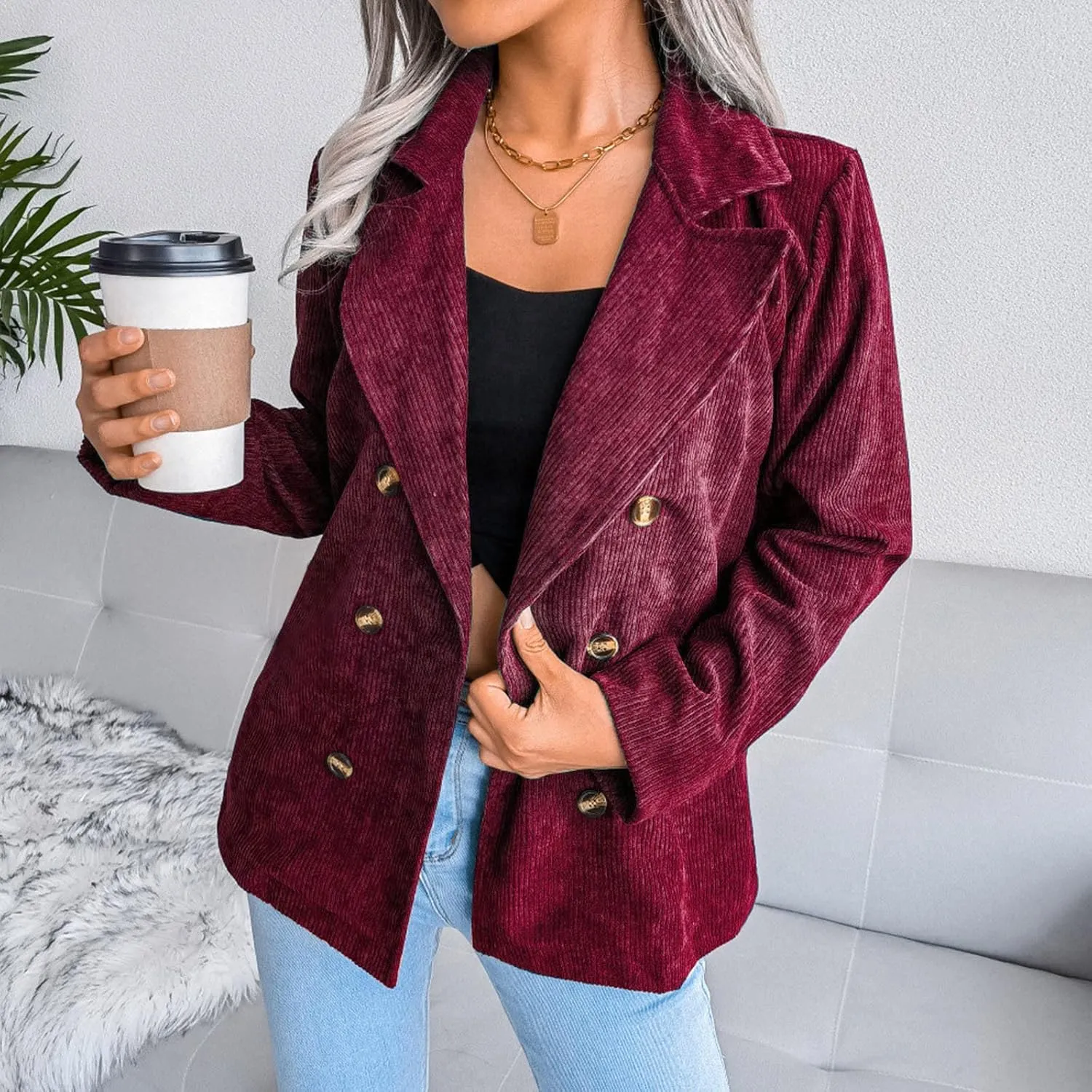 Collarless Blazer Jackets for Women Causal Womens Jackets Long Sleeve Wool Novelty Blazers Loose Oversized Jackets