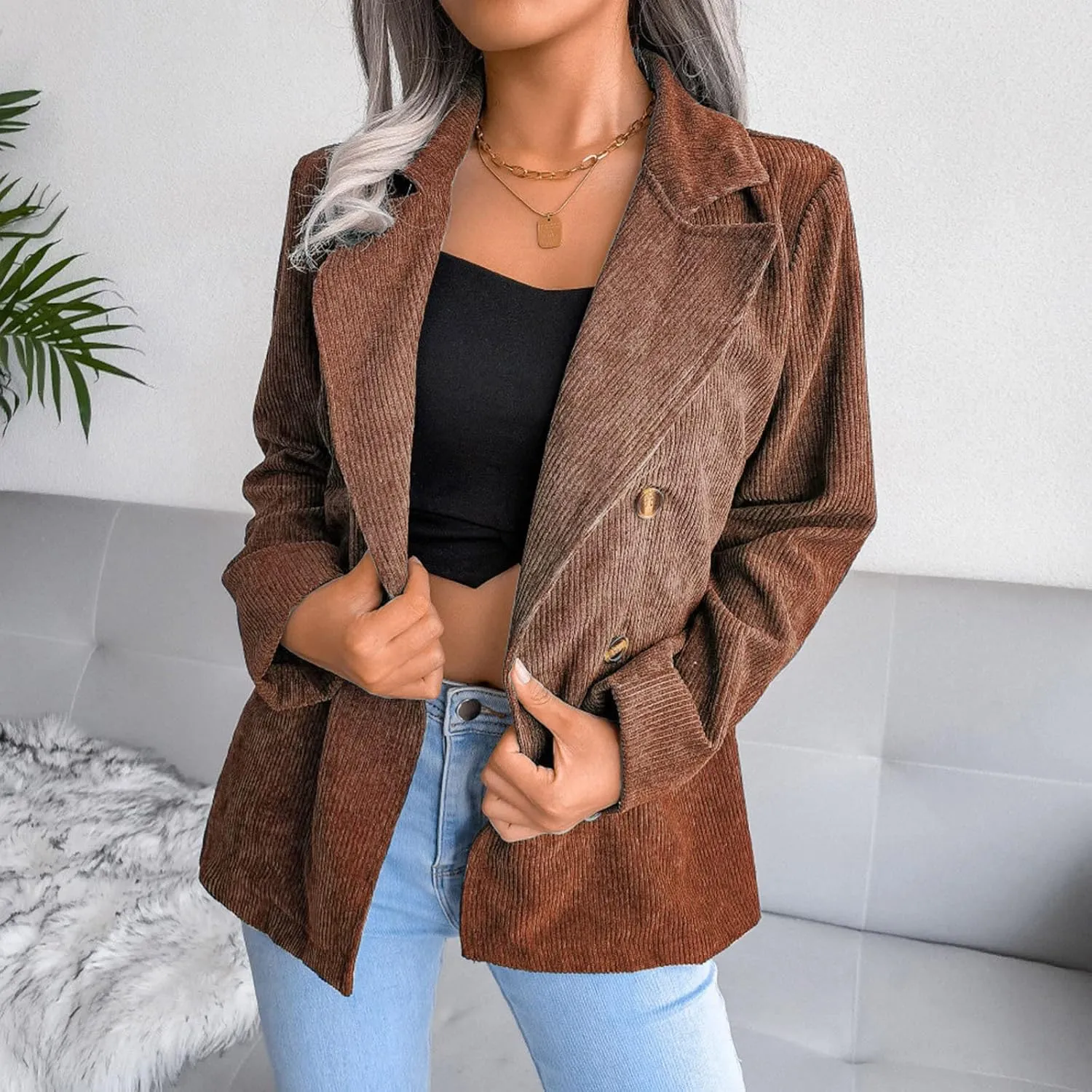 Collarless Blazer Jackets for Women Causal Womens Jackets Long Sleeve Wool Novelty Blazers Loose Oversized Jackets