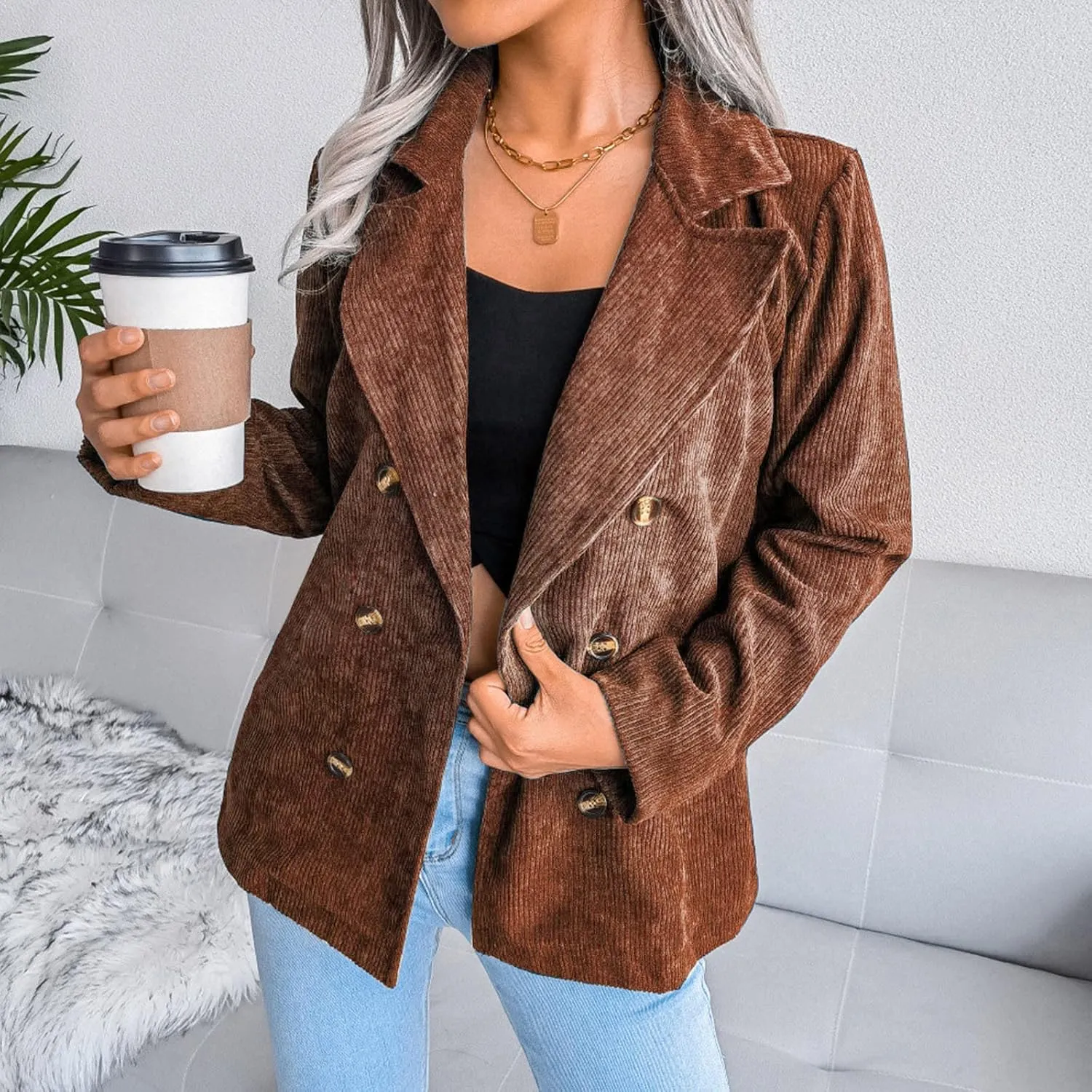 Collarless Blazer Jackets for Women Causal Womens Jackets Long Sleeve Wool Novelty Blazers Loose Oversized Jackets