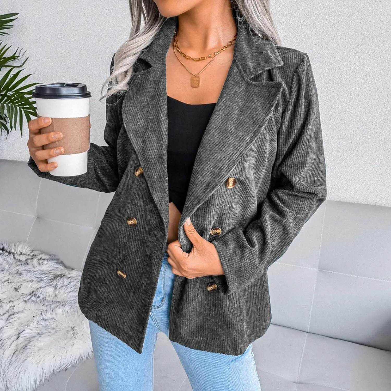 Collarless Blazer Jackets for Women Causal Womens Jackets Long Sleeve Wool Novelty Blazers Loose Oversized Jackets