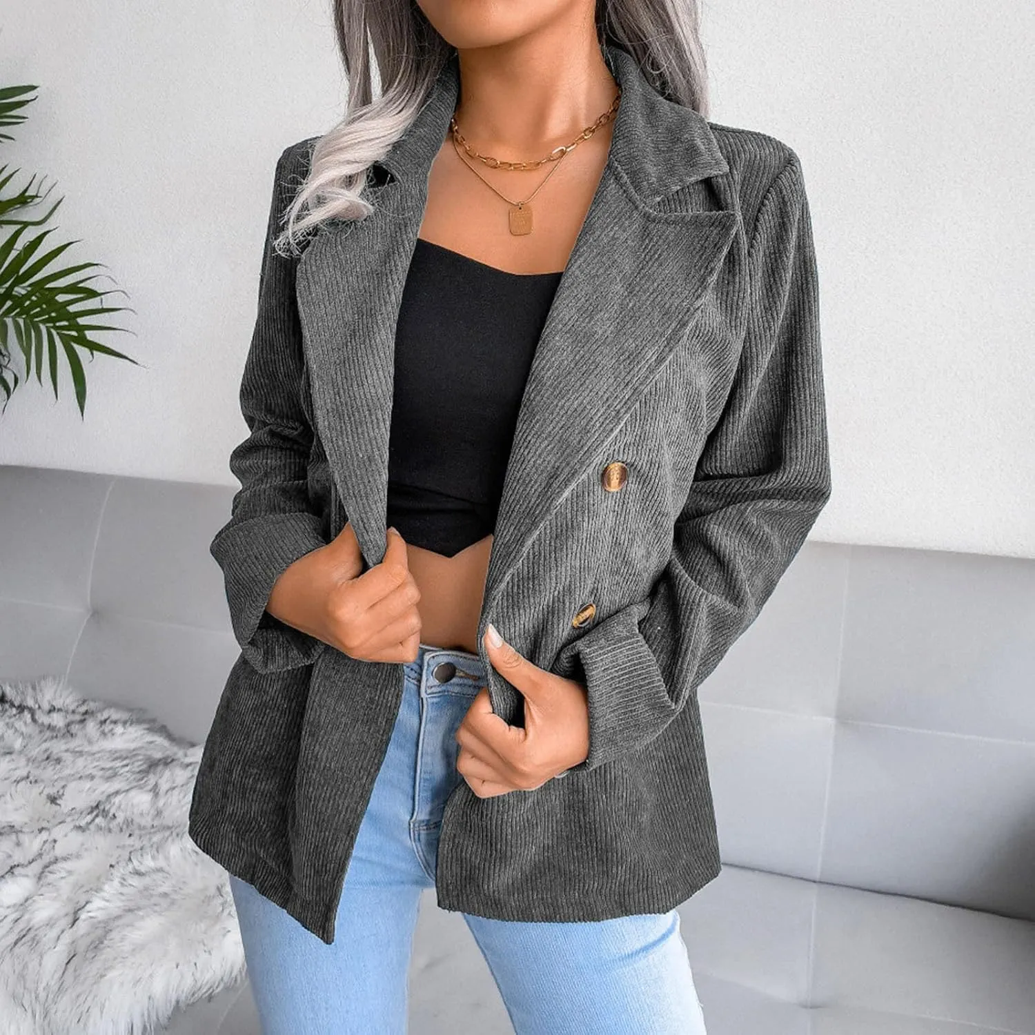 Collarless Blazer Jackets for Women Causal Womens Jackets Long Sleeve Wool Novelty Blazers Loose Oversized Jackets