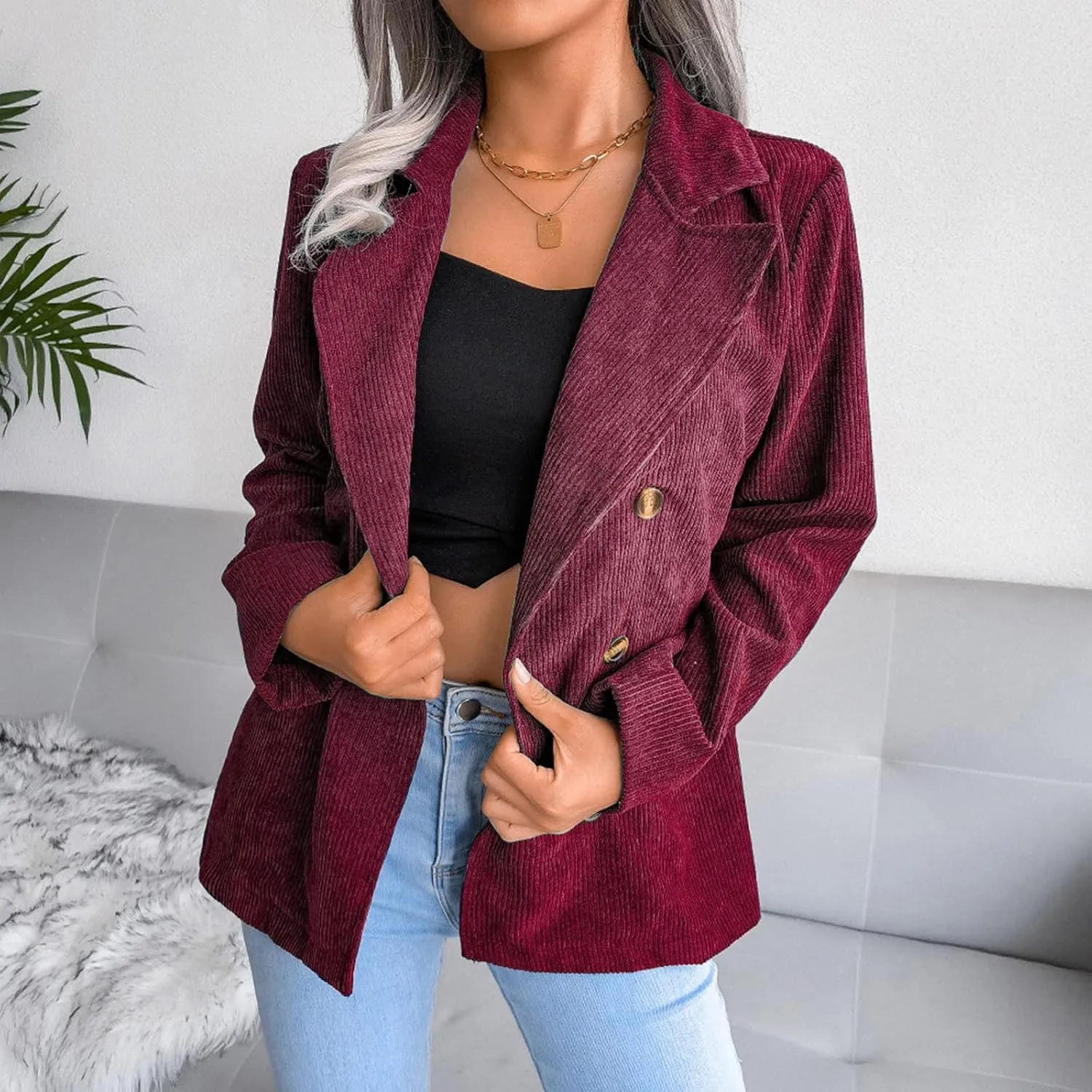 Collarless Blazer Jackets for Women Causal Womens Jackets Long Sleeve Wool Novelty Blazers Loose Oversized Jackets